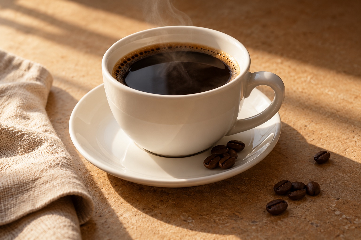 Illustrative still life of a white coffee cup in warm morning light